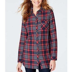 NWT J. Jill Denim Indigo Red Plaid Yarn-Dyed Button-Up Tunic